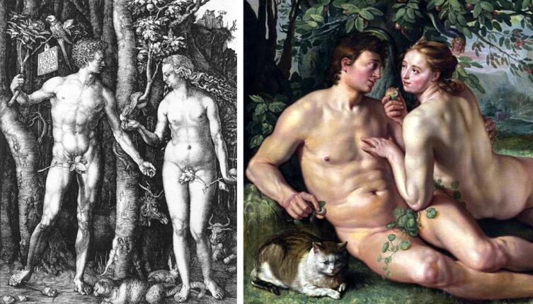 Кошку нередко изображали у ног Адама и Евы в Раю накануне грехопадения. На гравюре Дюрера (слева) можно видеть, что она пока ещё совершенно спокойно сосуществует рядом с мышью