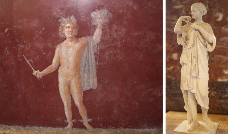 Слева - Персей на римской фреске; справа - статуя богини Дианы