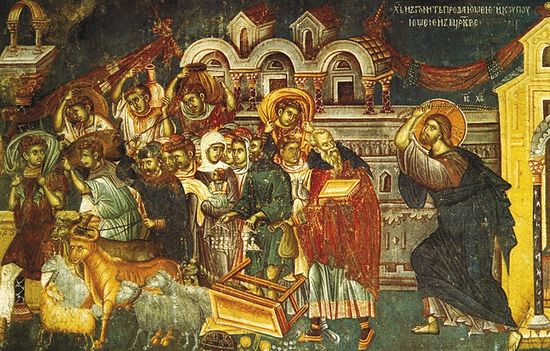 Изгнание торгующих из храма, фреска в церкви святого Никиты близ Скопье. 1483-84 гг.