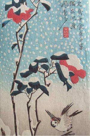 Hiroshige Sparrows and Camellia in Snow