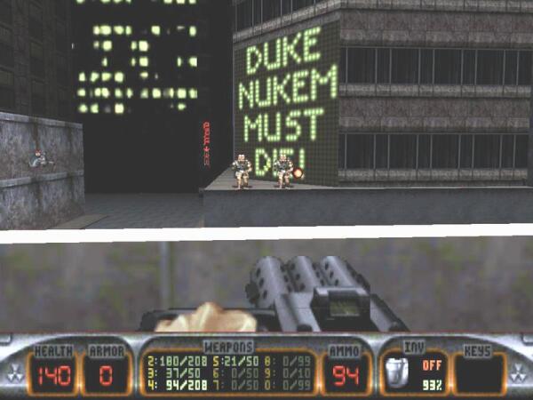 Дюк Нюкем - герой компьютерной игры Duke Nukem 3D. Монстры угрожали ему неоновой надписью 