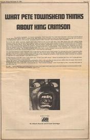 Статья из «Роллинг Стоунз», где Пит Таушенд назвал дебютный альбом КРИМСОН «сверхъестественным шедевром»