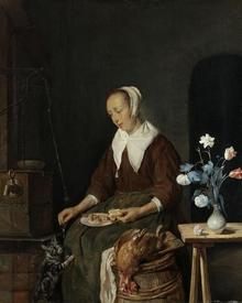 Габриэль Метсю, Женщина за едой, известная как «Кошачий завтрак», 1661, 33х27 см, Государственный музей, Амстердам, Нидерланды