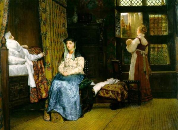 Альма-Тадема сэр Лоуренс, Родильная комната, семнадцатый век, 1868, 49x65 см, Victoria and Albert Museum, Англия
