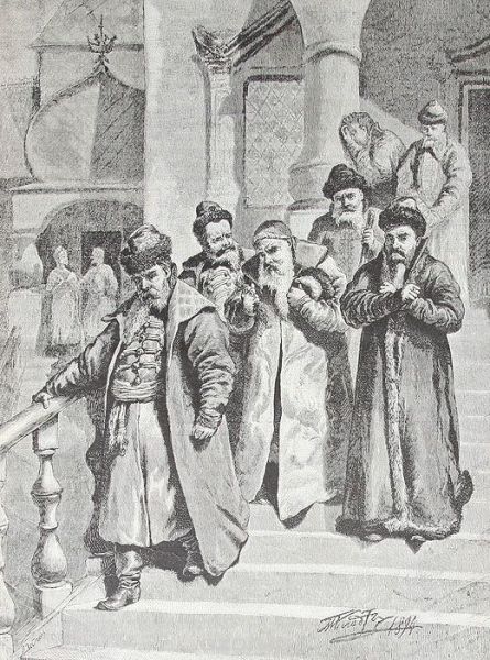 Бояре выходят от Петра I с обрезанными бородами. Гравюра конца XIX века