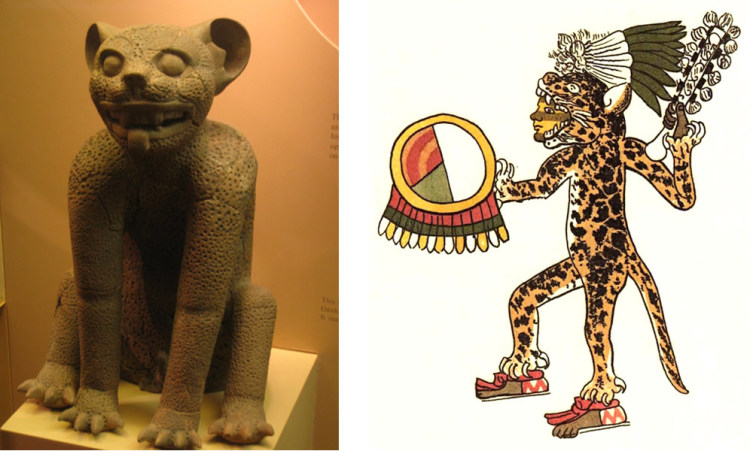 Слева - статуэтка ягуара из Монте-Альбан (200 г. до н.э.); справа - изображение воина-ацтека в ягуаровой шкуре