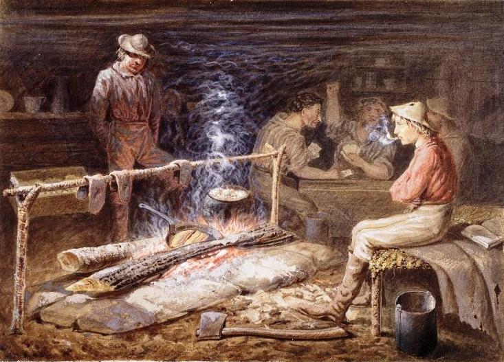 «Приготовление бекона», 1862 год, картина неизвестного художника изображает внутреннее убранство хижины старателей на реке Фрейзер