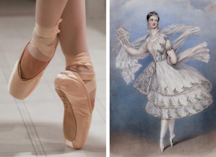 Слева - пуанты; справа - Мария Тальони в балете «Бог и баядерка» (1830)