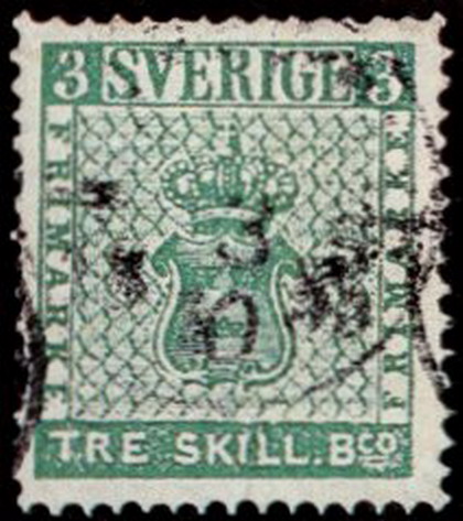 Первая марка Швеции, 3 скиллинга банко, 1855 г.