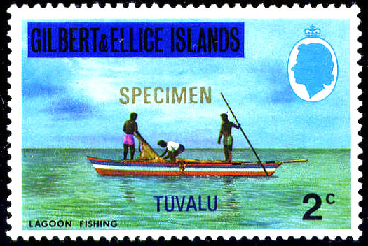 Почтовая марка Островов Гилберта и Эллис 1976 года с надпечаткой для использования в Тувалу и с надпечаткой «Образец»