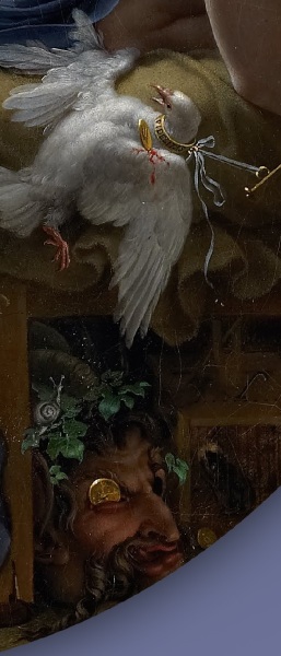 Мадемуазель Ланж в виде Данаи,  фрагмент Дьявольски богатый любовник и раненый голубь "Верность"