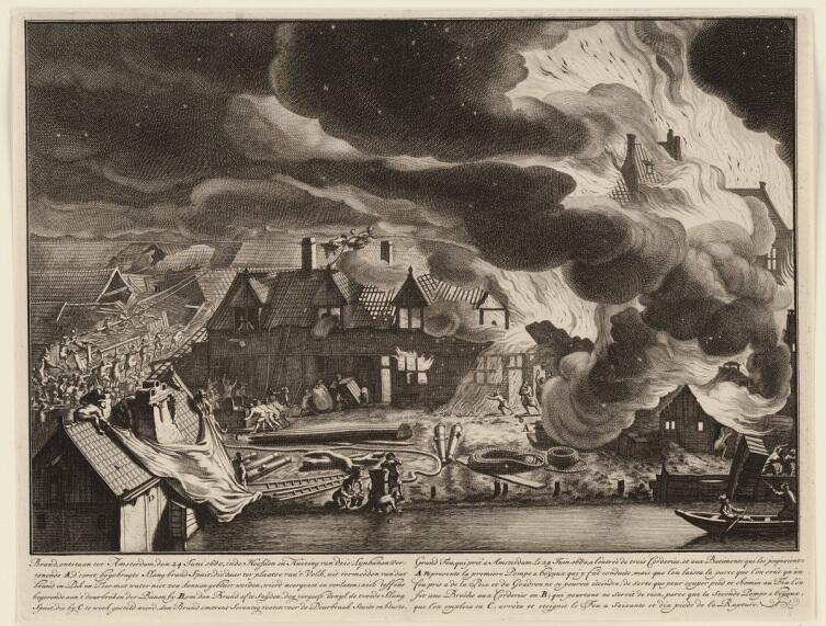 Ян ван дер Хейден, «Пожар на заводе в Амстердаме в 1682 году»,  Fogg Art Museum, университет Гарварда, Кембридж, США