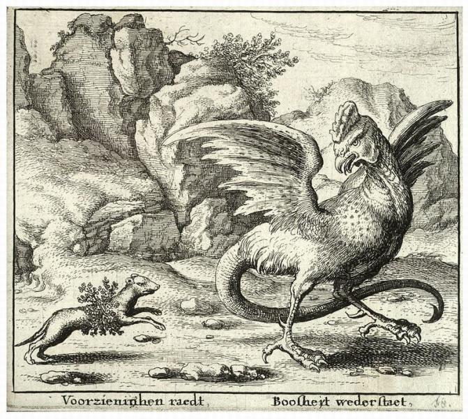 «Поединок хорька с василиском». Гравюра Холлара, XVII век