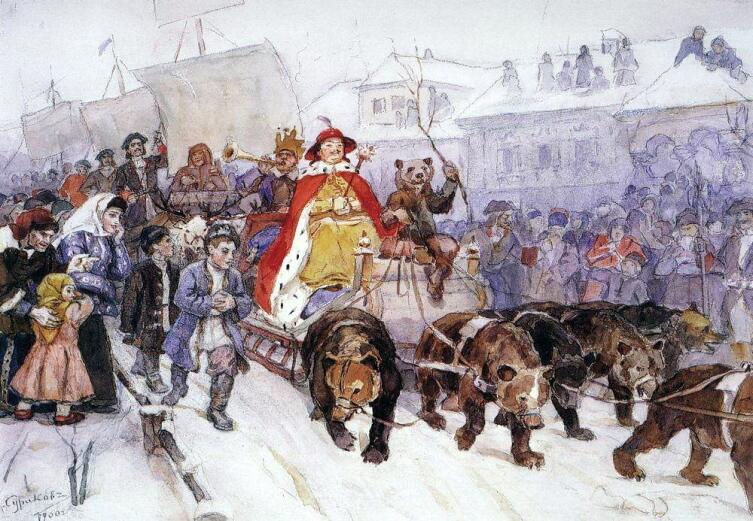 В. И. Суриков, «Большой маскарад в 1722 году на улицах Москвы с участием Петра I и князя-кесаря И. Ф. Ромодановского»