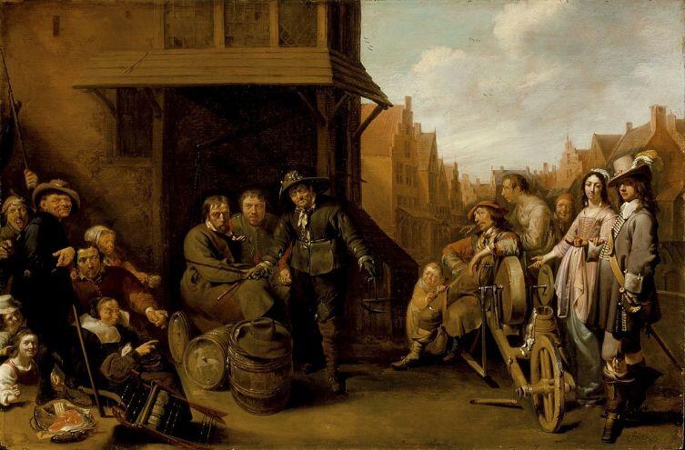 Якоб Дук, «Уличная сценка с точильщиком ножей и элегантной парой», 1655 г.
