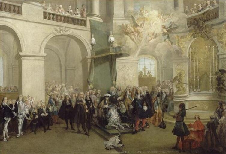 Николас  Ланкре, «Награждение орденом Святого Духа в капелле Версаля», 1724 г.