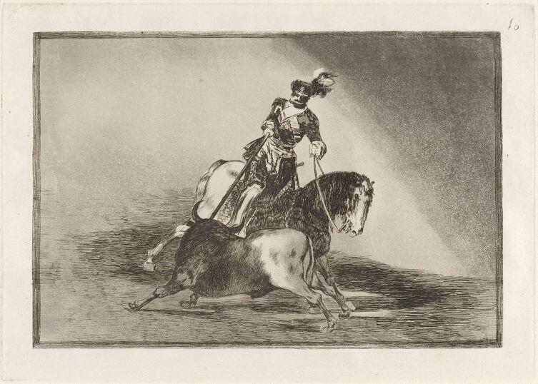 Франсиско Гойя, «Тавромахия», Офорт № 10 «Карл V пронзает быка копьем на арене в Вальядолиде», 1815 г.
