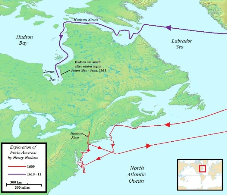 Карта экспедиций Генри Гудзона в Северную Америку