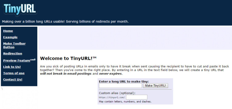 Так выглядит сайт TinyURL
