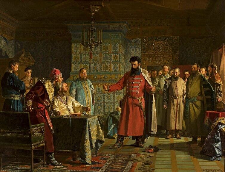Н.Неврев, «Захар Ляпунов во главе бояр предлагает Василию Шуйскому оставить престол», 1886 г.