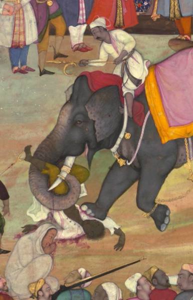 Казнь слоном. Иллюстрация из «Акбарнамы», официальной хроники правления императора Великих Моголов