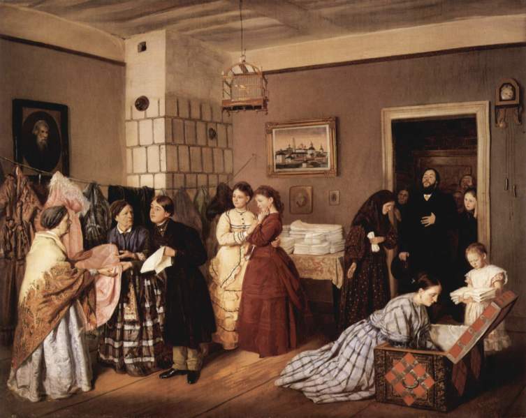 В.В. Пукирев, «Приём приданого в купеческой семье по росписи», 1873 г.
