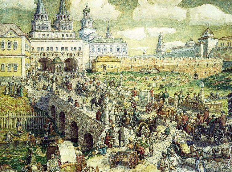А. М. Васнецов, «Воскресенский мост, Москва, XVIII век», вид на Воскресенские ворота и здание Земского приказа