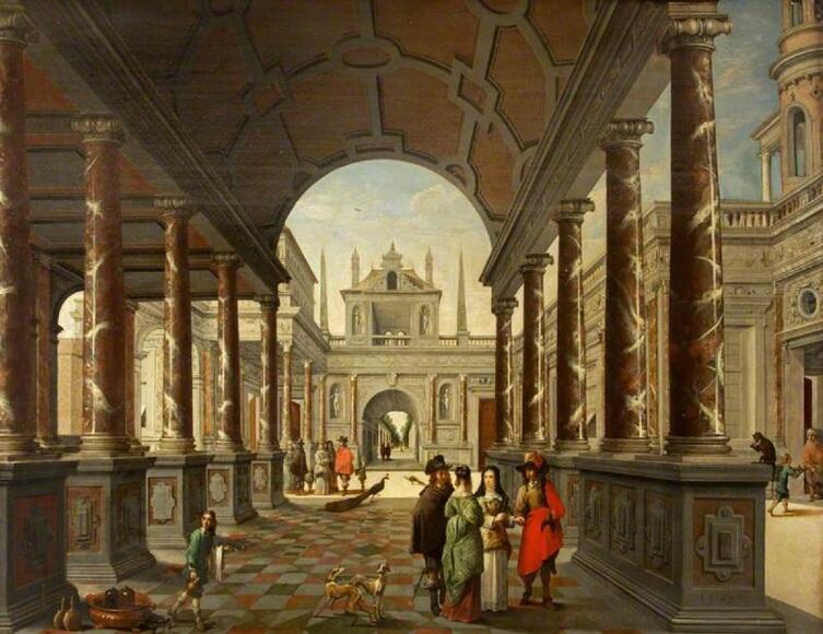 Дирк ван Делен, «Фантазия: вид дворца с элегантными фигурами», 1650 г.