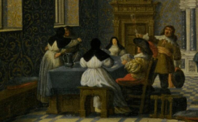 Дирк ван Делен, «Кавалеры развлекаются с монашками в роскошном зале дворца», фрагмент «За столом», 1619 г.