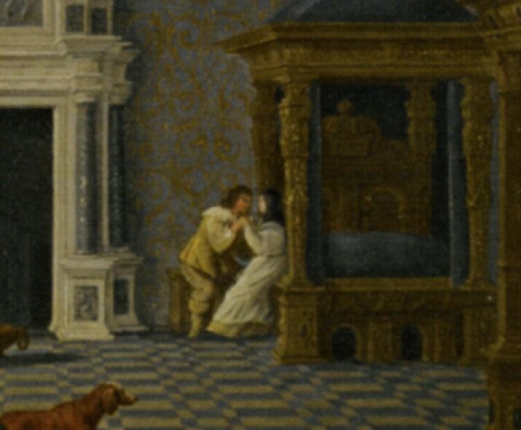 Дирк ван Делен, «Кавалеры развлекаются с монашками в роскошном зале дворца», фрагмент «Возле алькова», 1619 г.
