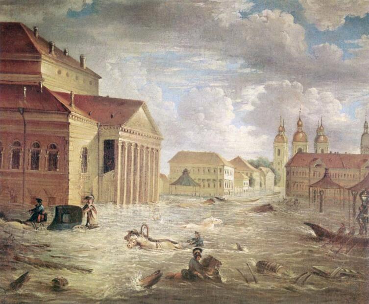 Петербургское наводнение. Площадь у Большого Каменного театра 7 ноября 1824 года
