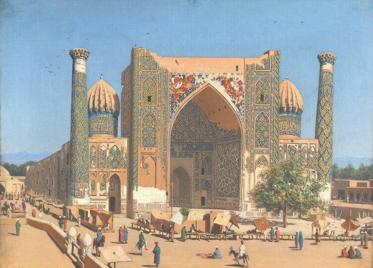 Медресе Шер-Дор на площади Регистан в Самарканде. Картина В. Верещагина, 1869—1870 гг.