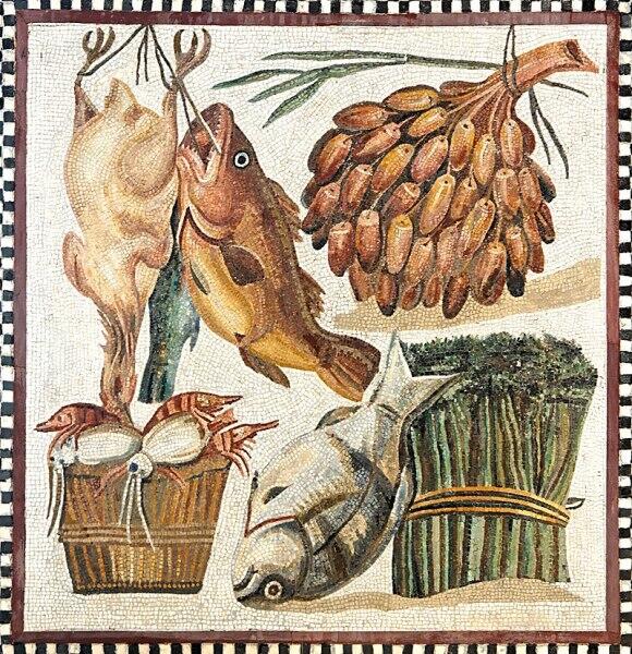 Птица, рыба, финики, спаржа и морепродукты. I век. Мозаика, музеи Ватикана