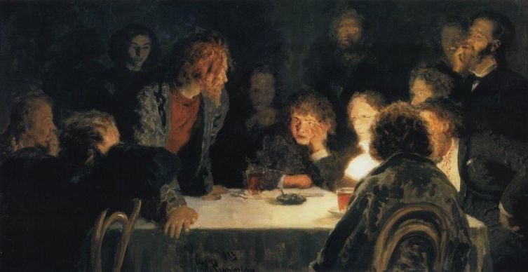 И. Е. Репин, «Сходка (При свете лампы)», 1883 г.