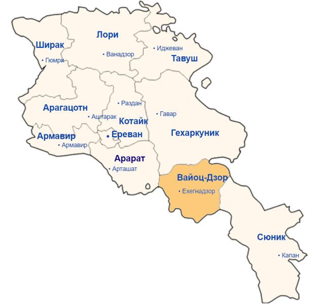 Карта Армении, область Вайоцдзор