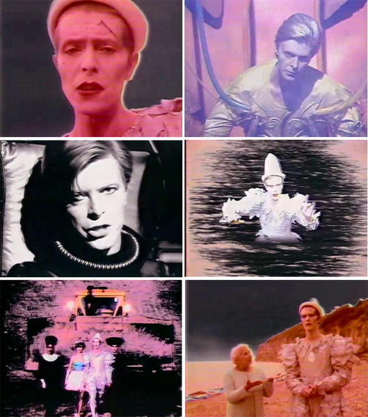 В клипе на песню «Ashes to Ashes» Боуи предстаёт в нескольких обличьях — клоуна, майора Тома и пациента психушки