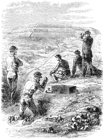 Взрывные работы с помощью динамита, рисунок из французского журнала La Nature, 1873 г.