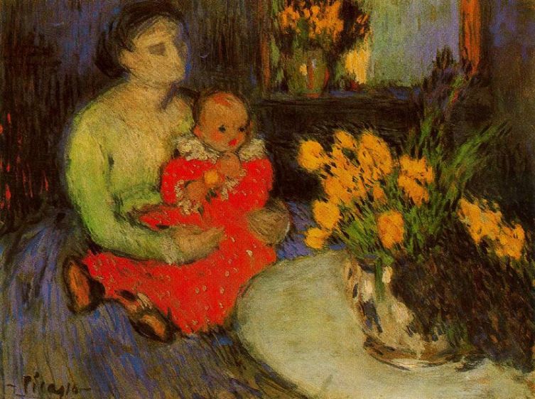 Пабло Пикассо, «Мать и ребенок рядом с букетом цветов», 1901 г.