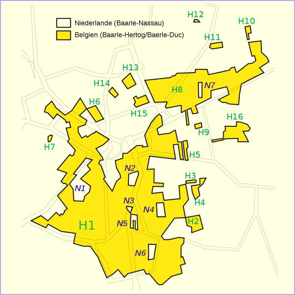 Карта города Барле. Жёлтым обозначена бельгийская территория