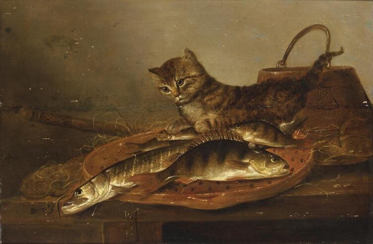 Питер де Пюттер, «Натюрморт с рыбой и кошкой»