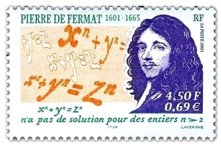 Пьер Ферма и формулировка великой теоремы, названной его именем, на французской почтовой марке. Обратите внимание на двойную цену марки — французские франки уже выходили из употребления, а евро — только входили
