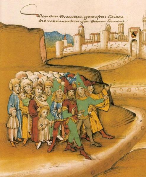 Первое прибытие цыган за пределами Берна в 15 веке, описанное летописцем как getoufte heiden («крещёные язычники»). Нарисованы с тёмной кожей, носят одежду в стиле сарацин и оружие