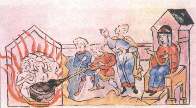 Вторая месть Ольги древлянам. Миниатюра из Радзивилловской летописи, XV век