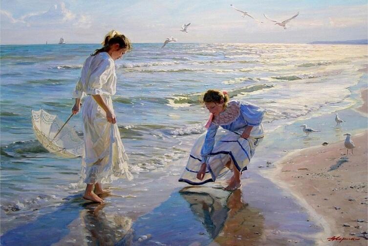 А. Н. Аверин, «Две девушки ищут янтарь на пляже»