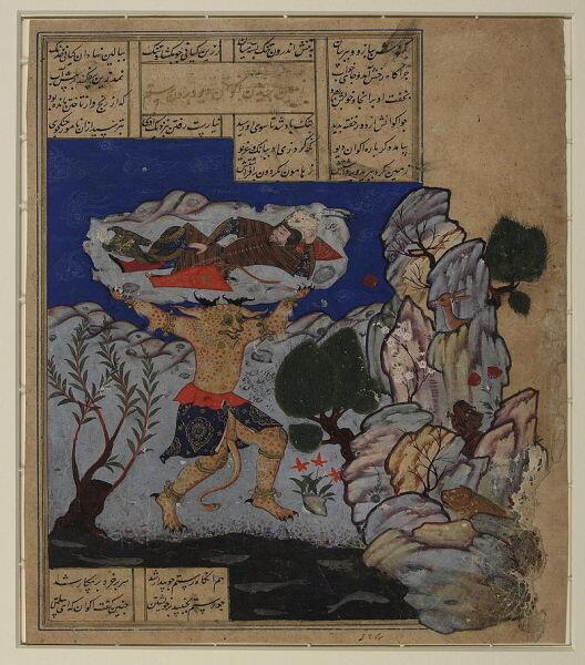 Дэв Акван швыряет Рустама в море. Иллюстрация XVI—XVII века