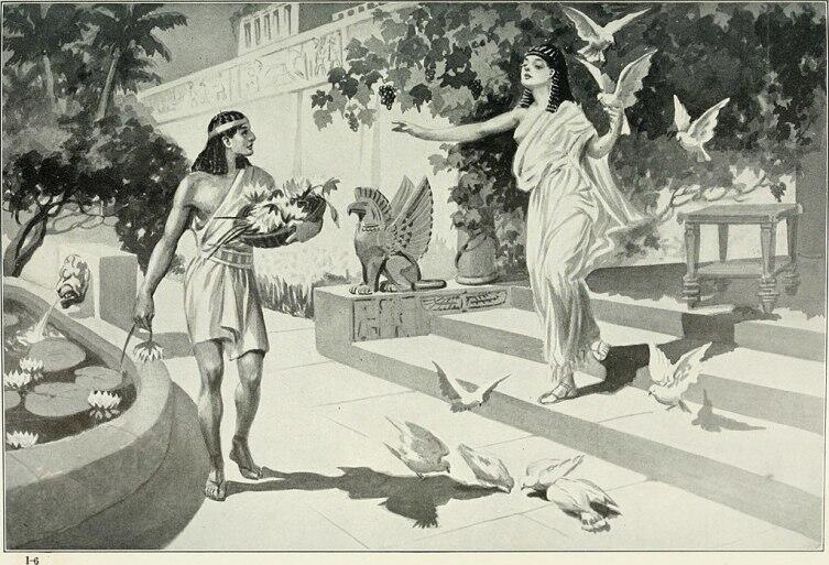 Иштар, окруженная облаком голубей, предстаёт перед молодым садовником Саргоном. Иллюстрация новоассирийской легенды, 1913 г.