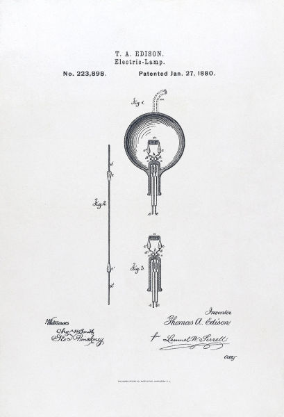 Титульный лист патента Эдисона на электрическую лампу 1880 г.