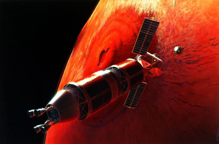 Стыковка на марсианской орбите в представлении художника. Это одна из концепций высадки на Марс, планировавшейся НАСА