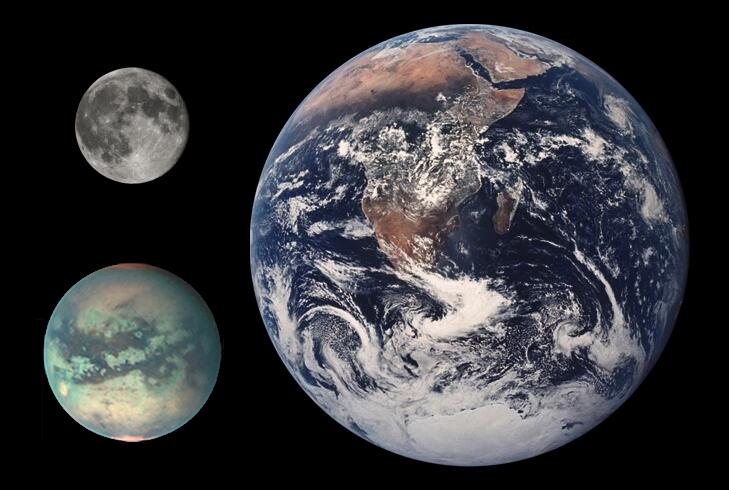Сравнение размеров Земли, Титана (слева внизу) и Луны