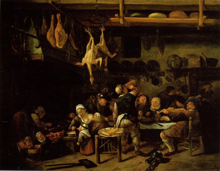 Ян Стен, «На зажиточной крестьянской кухне», 1650 г.
